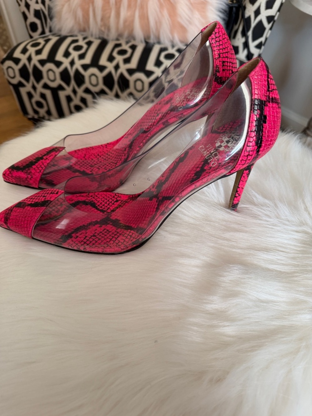 Vince Camuto Hot Pink Snake-Print Clear Pointed Toe Pumps - Picture 3 of 6